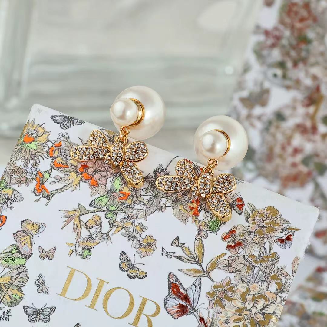 Dior Tribales Bow Pearl Drop Earrings earrings Gold-tone metal cream white faux pearls clear crystal pave One Size drop length approx 2 5cm