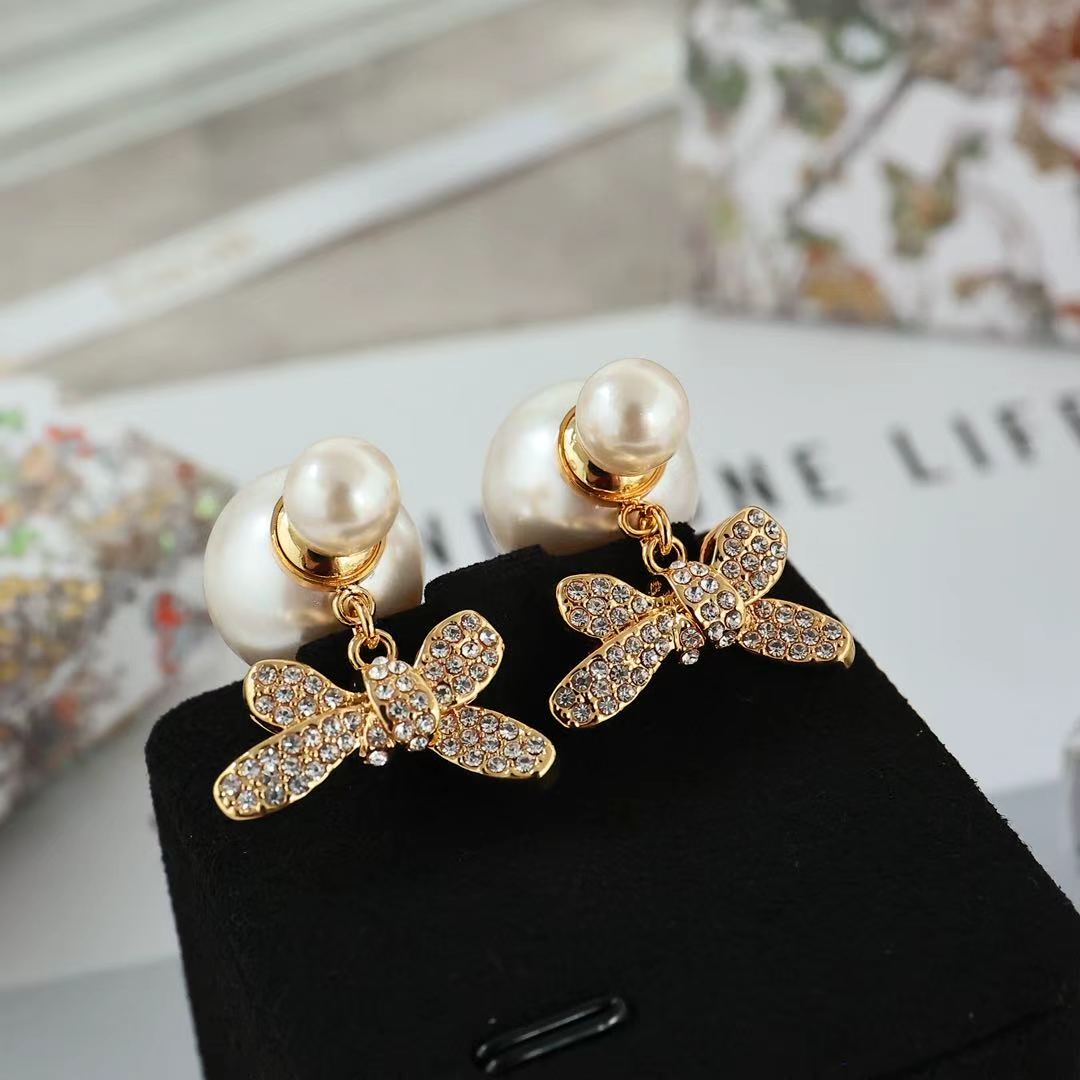 Dior Tribales Bow Pearl Drop Earrings earrings Gold-tone metal cream white faux pearls clear crystal pave One Size drop length approx 2 5cm