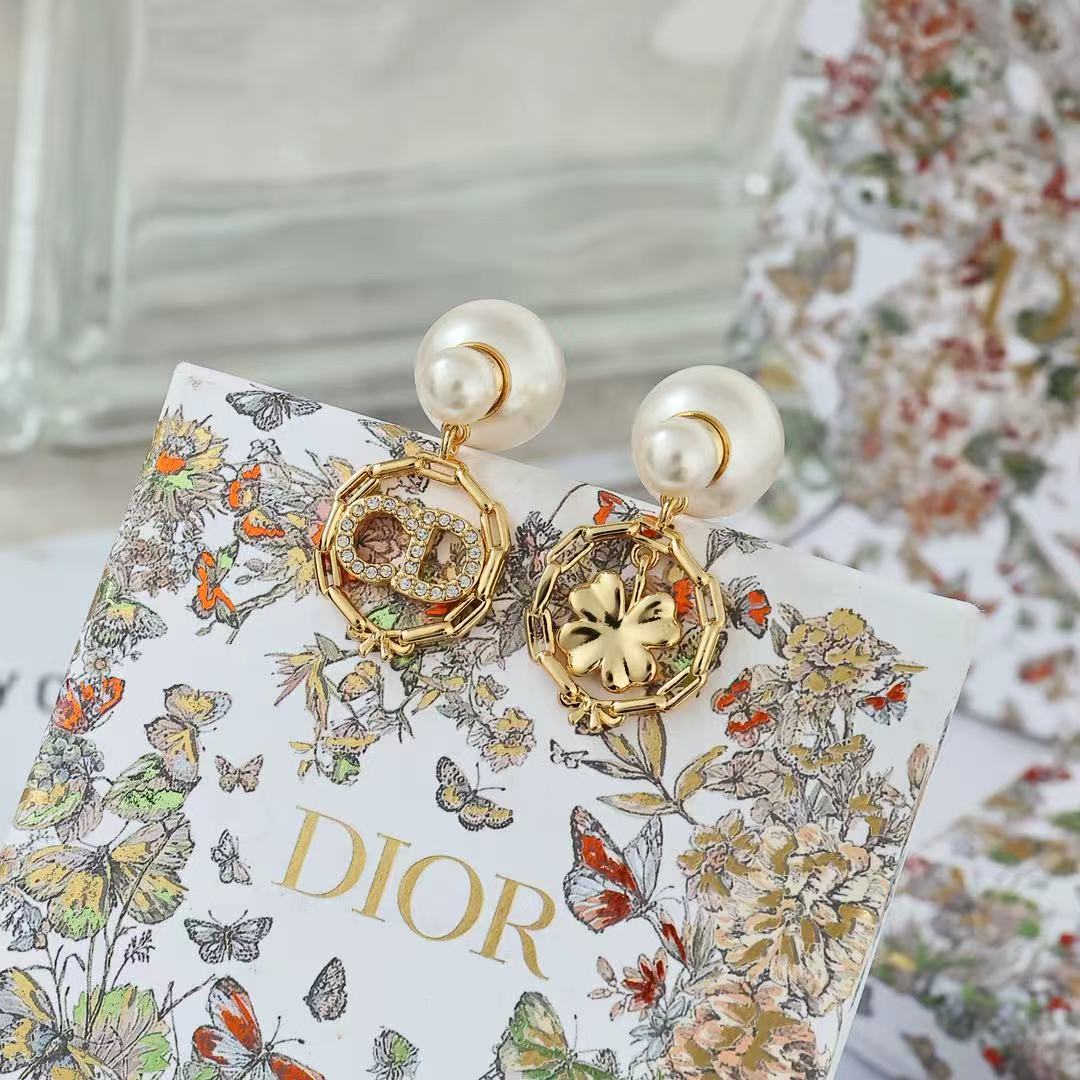 Dior Tribales Clover CD Logo Drop Earrings earrings Gold-tone metal white resin pearls clear crystal accents One size drop length approx 2 5cm