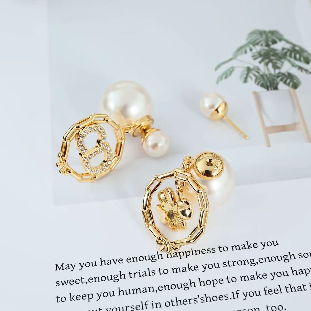Dior Tribales Clover CD Logo Drop Earrings earrings Gold-tone metal white resin pearls clear crystal accents One size drop length approx 2 5cm