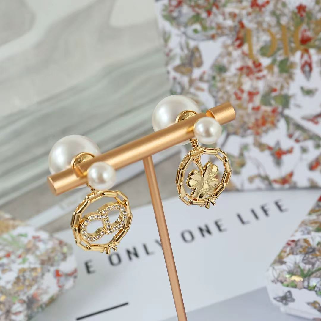 Dior Tribales Clover CD Logo Drop Earrings earrings Gold-tone metal white resin pearls clear crystal accents One size drop length approx 2 5cm