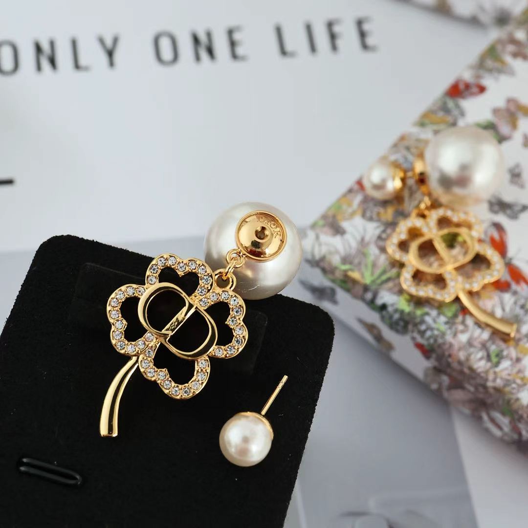 Dior Tribales Clover CD Earrings earrings Gold-tone metal white pearl clear crystal One Size