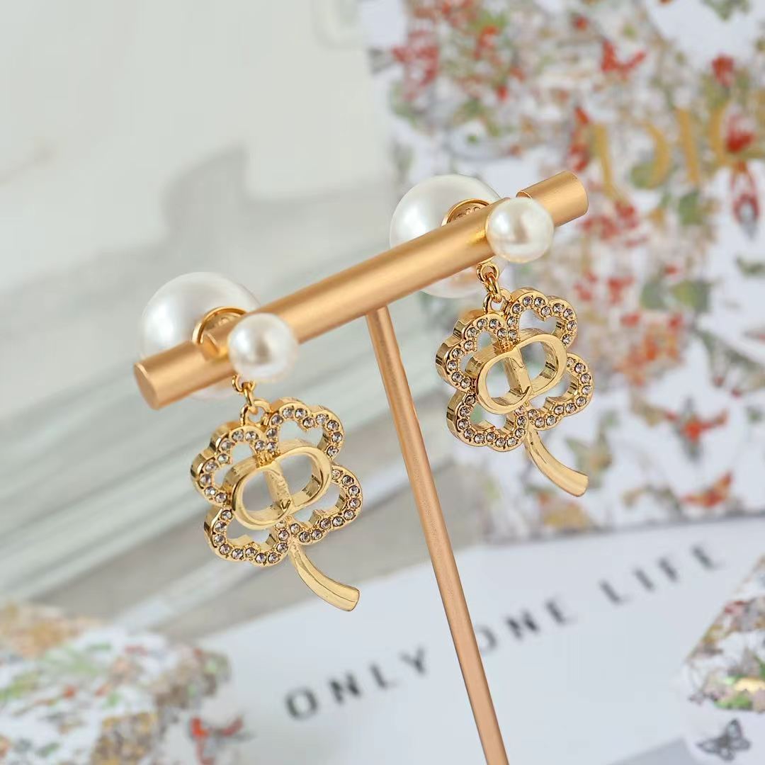 Dior Tribales Clover CD Earrings earrings Gold-tone metal white pearl clear crystal One Size