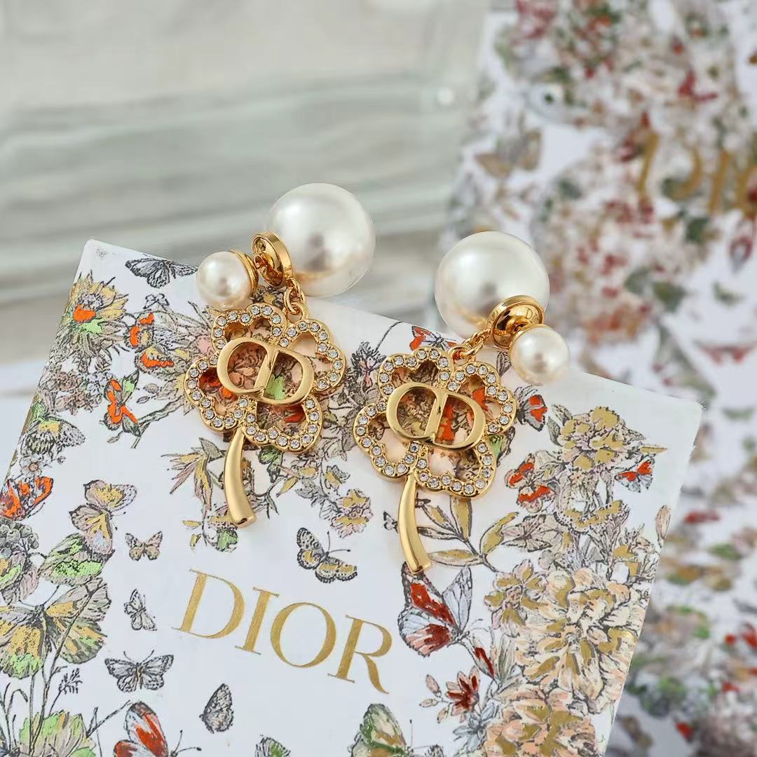 Dior Tribales Clover CD Earrings earrings Gold-tone metal white pearl clear crystal One Size