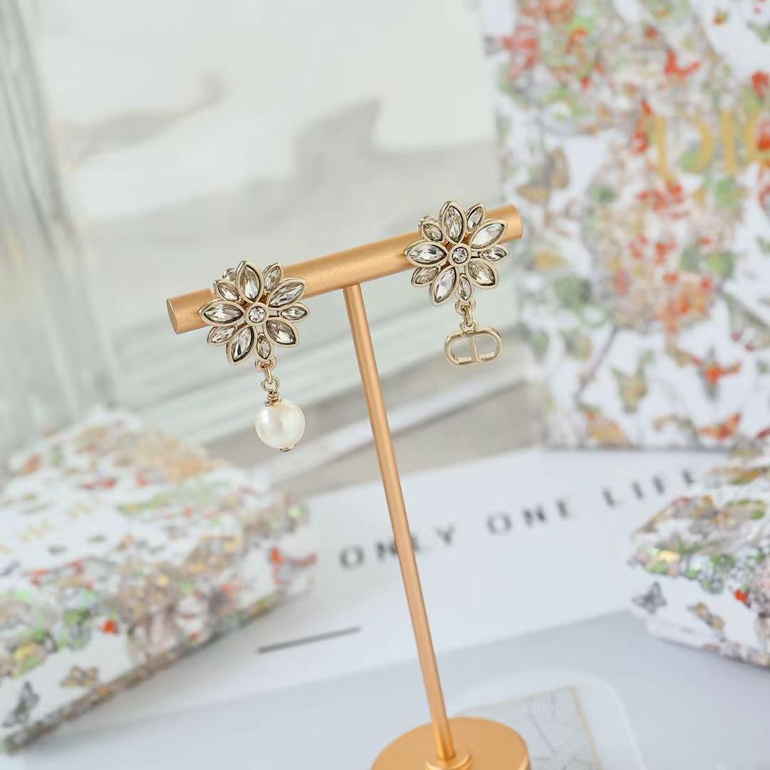 Dior CD Logo Flower Pearl Mismatched Drop Earrings earrings Gold-tone metal with clear faceted crystals and white pearl 2 5cm drop length