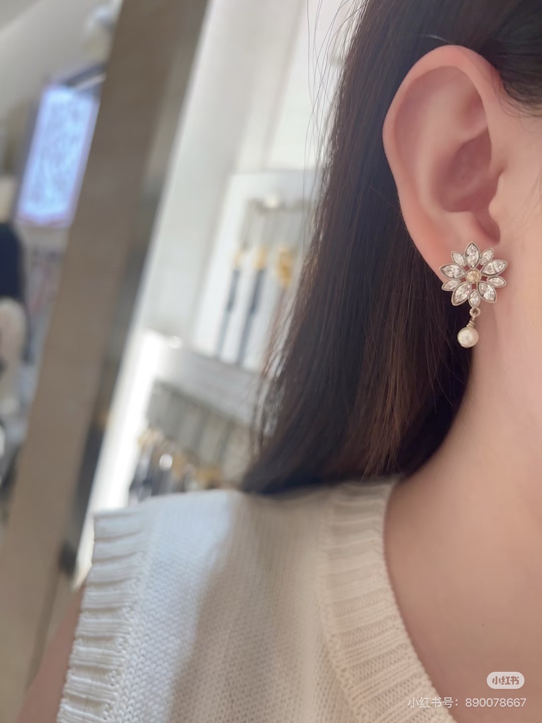Dior CD Logo Flower Pearl Mismatched Drop Earrings earrings Gold-tone metal with clear faceted crystals and white pearl 2 5cm drop length