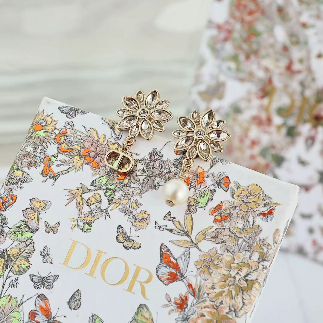 Dior CD Logo Flower Pearl Mismatched Drop Earrings earrings Gold-tone metal with clear faceted crystals and white pearl 2 5cm drop length