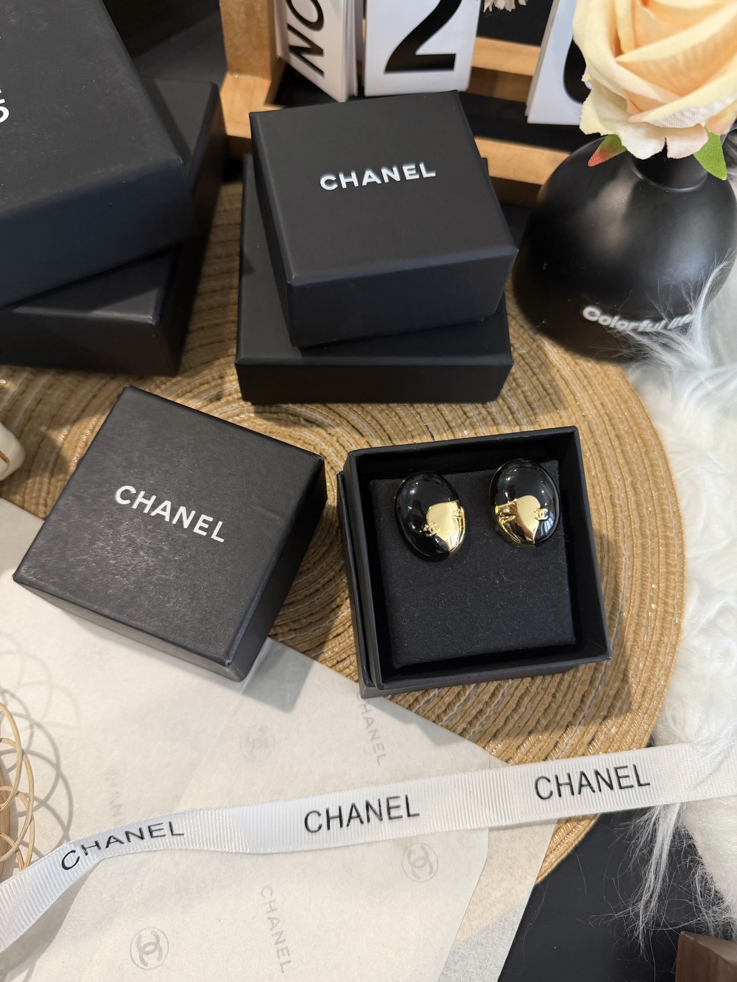 Chanel CC Logo Oval Resin Stud Earrings earrings Gold-tone metal with black resin 2 5cm length per earring