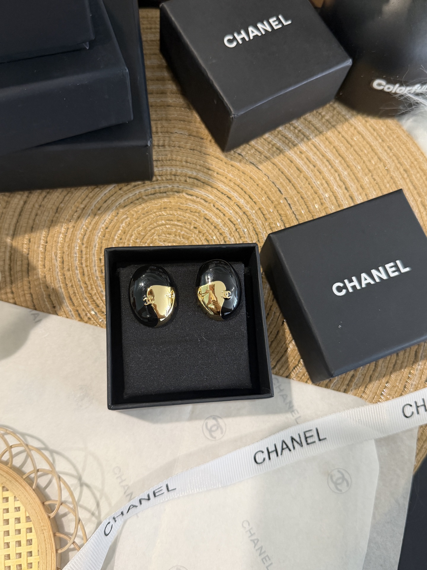 Chanel CC Logo Oval Resin Stud Earrings earrings Gold-tone metal with black resin 2 5cm length per earring
