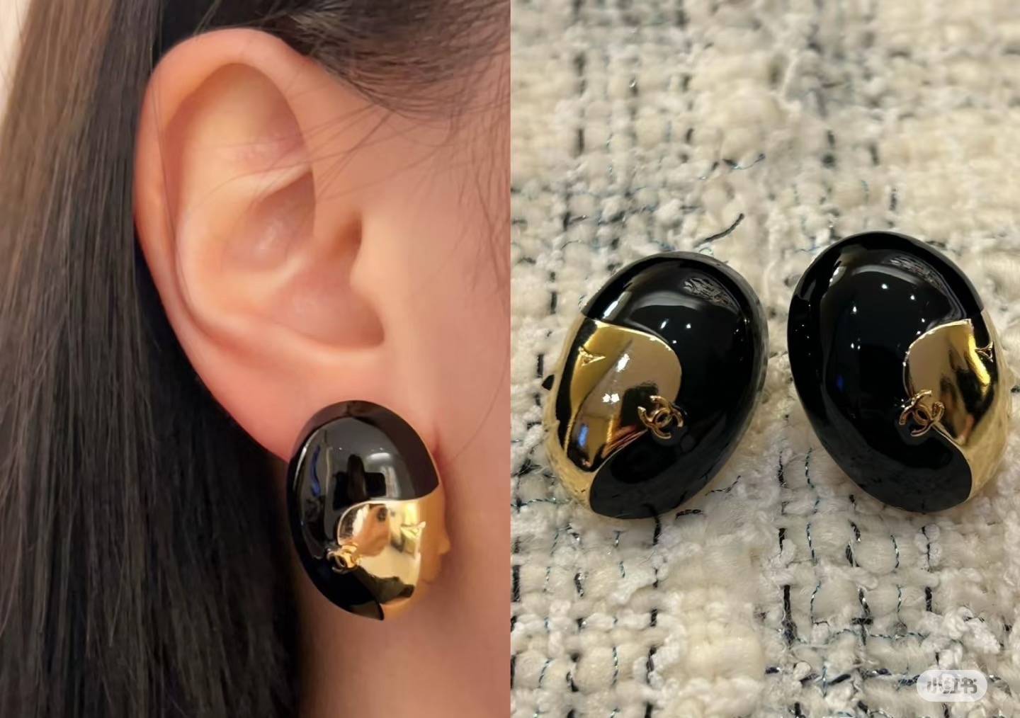 Chanel CC Logo Oval Resin Stud Earrings earrings Gold-tone metal with black resin 2 5cm length per earring