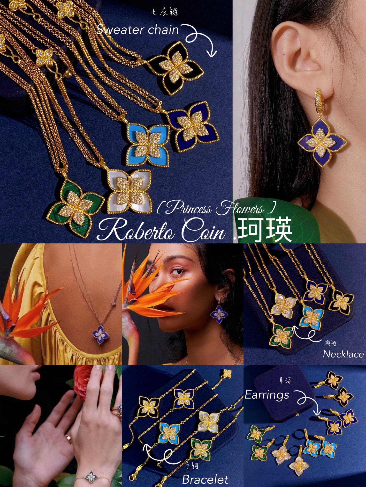 Collier Roberto Coin Princess Flowers Or jaune or blanc avec pavé de diamants rehaussé de malachite lapis lazuli nacre turquoise et onyx noir 45cm