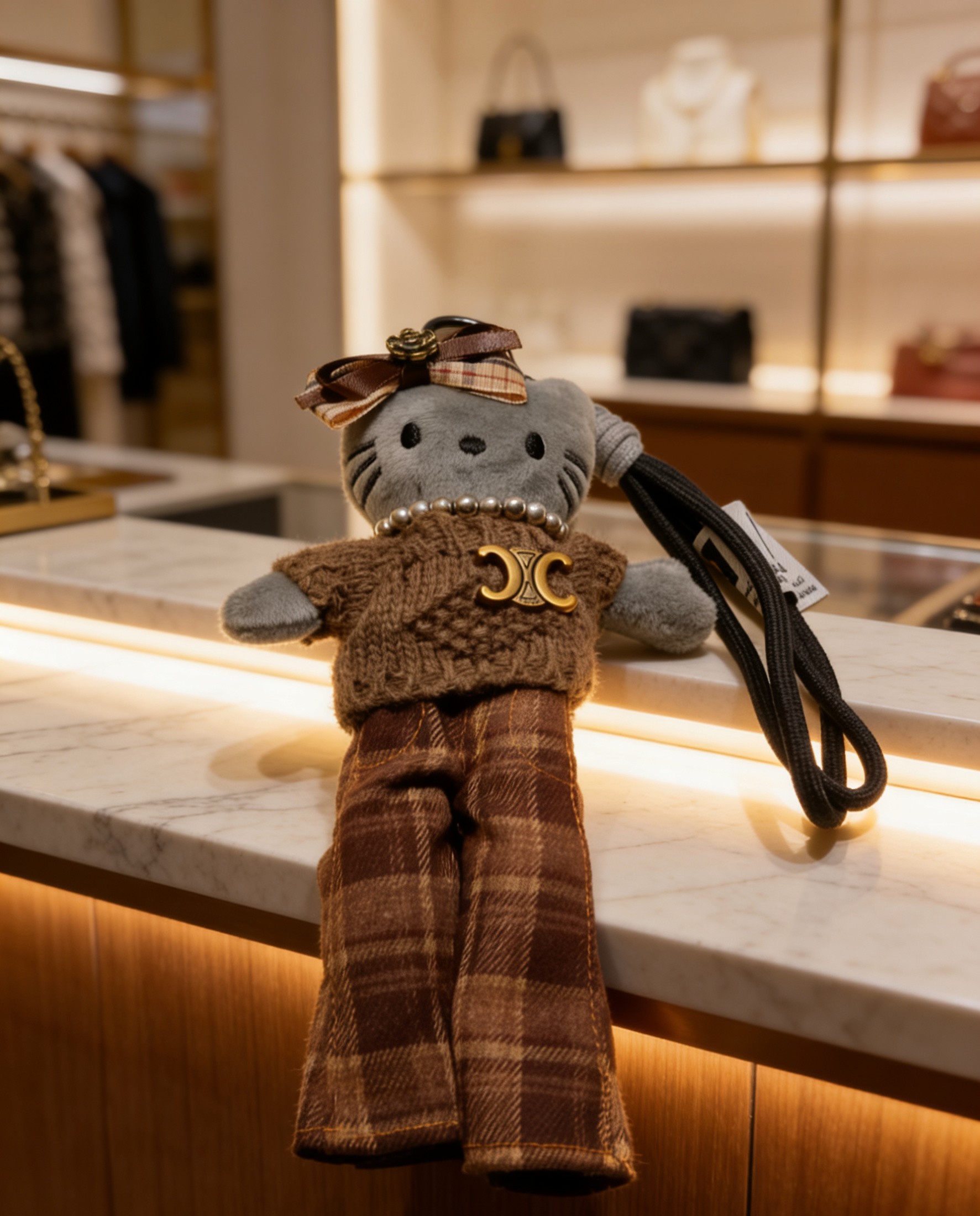 Celine Hello Kitty Collaboration Plush Bag Charm pendant Antique gold metal gray plush brown knit brown plaid fabric white faux pearl black cord brown plaid ribbon 18cm total length 60cm lanyard
