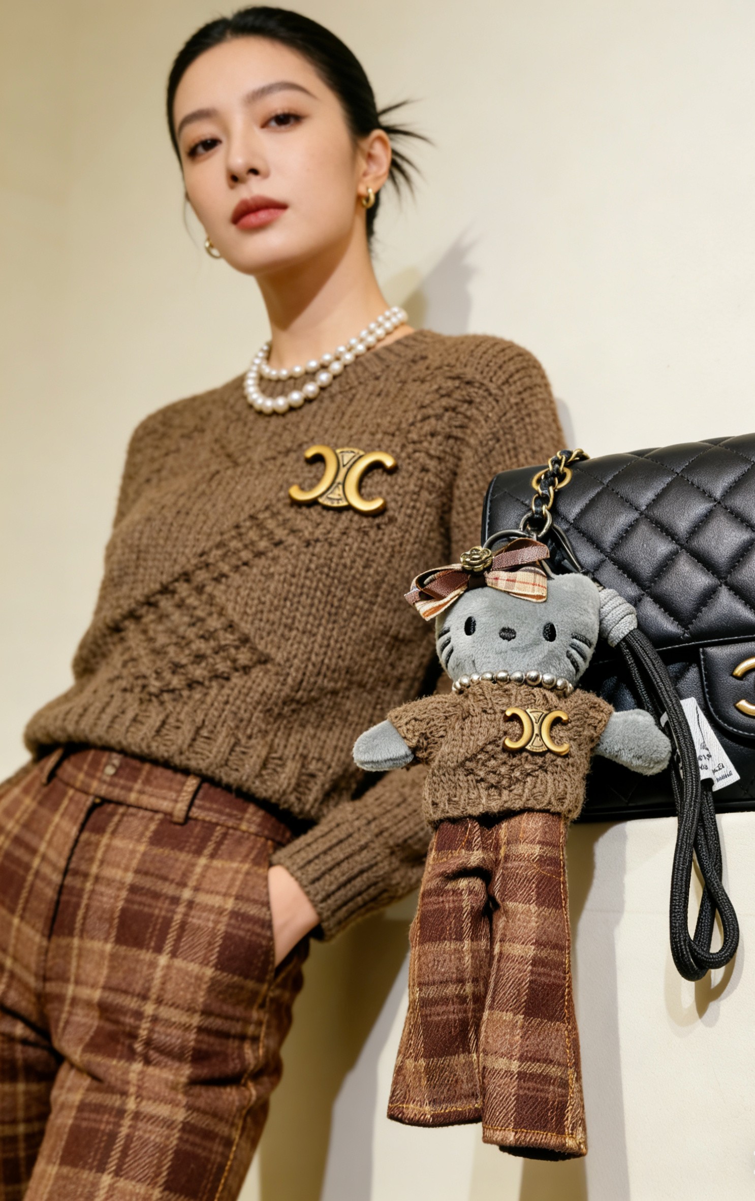Celine Hello Kitty Collaboration Plush Bag Charm pendant Antique gold metal gray plush brown knit brown plaid fabric white faux pearl black cord brown plaid ribbon 18cm total length 60cm lanyard