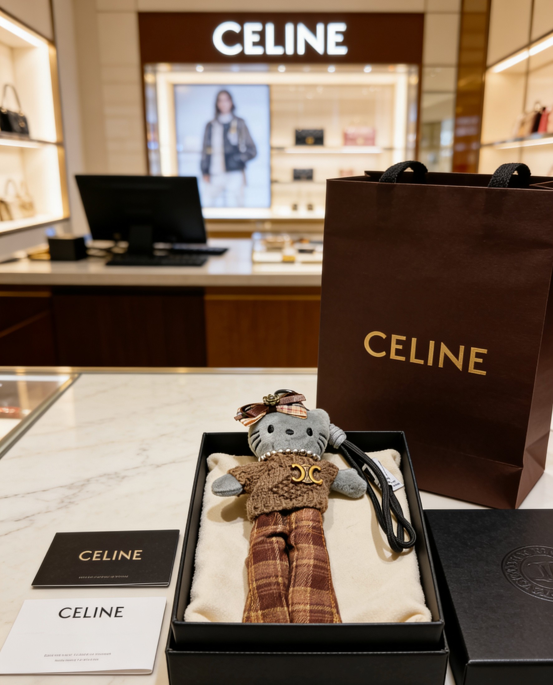 Celine Hello Kitty Collaboration Plush Bag Charm pendant Antique gold metal gray plush brown knit brown plaid fabric white faux pearl black cord brown plaid ribbon 18cm total length 60cm lanyard