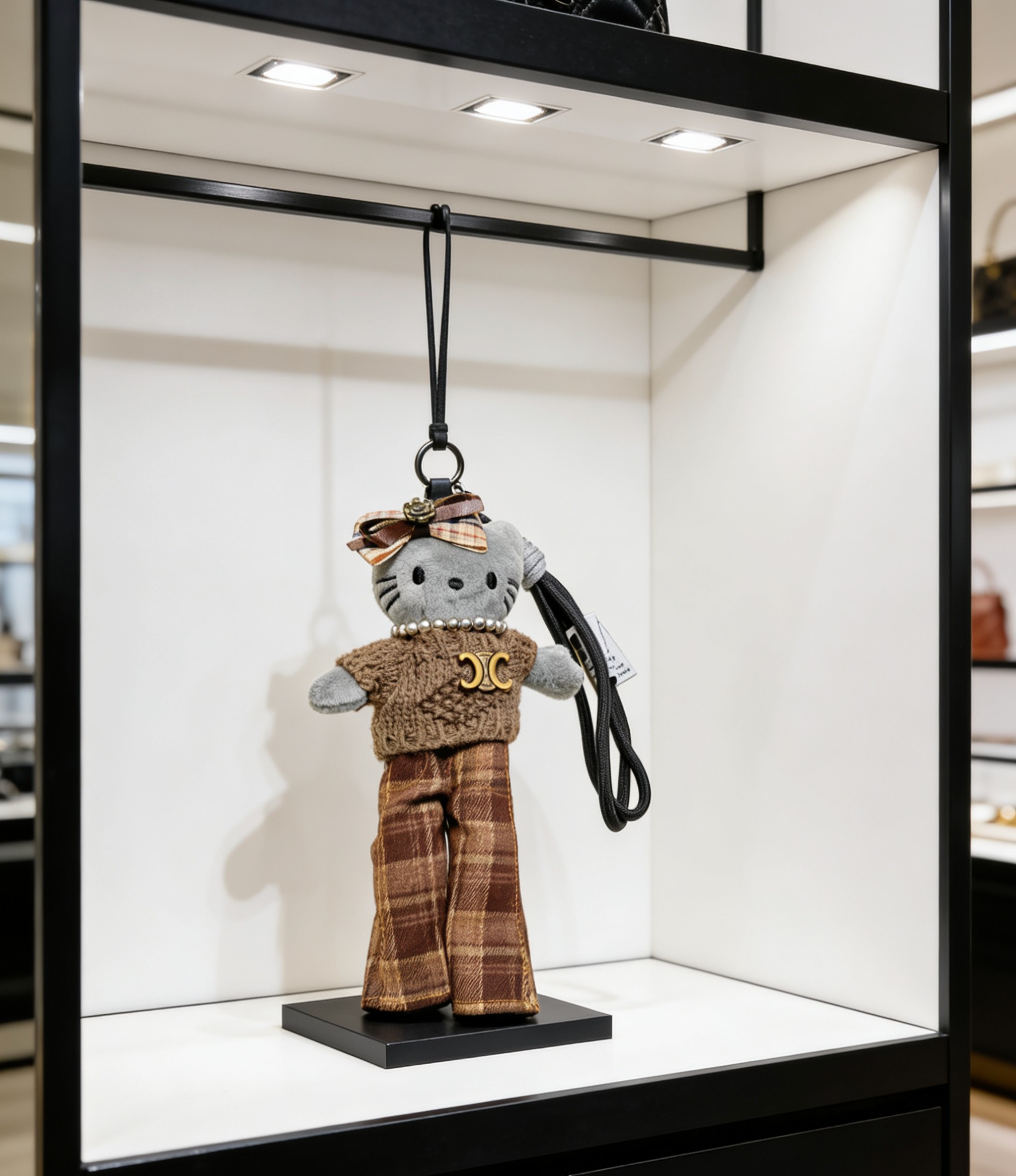 Celine Hello Kitty Collaboration Plush Bag Charm pendant Antique gold metal gray plush brown knit brown plaid fabric white faux pearl black cord brown plaid ribbon 18cm total length 60cm lanyard