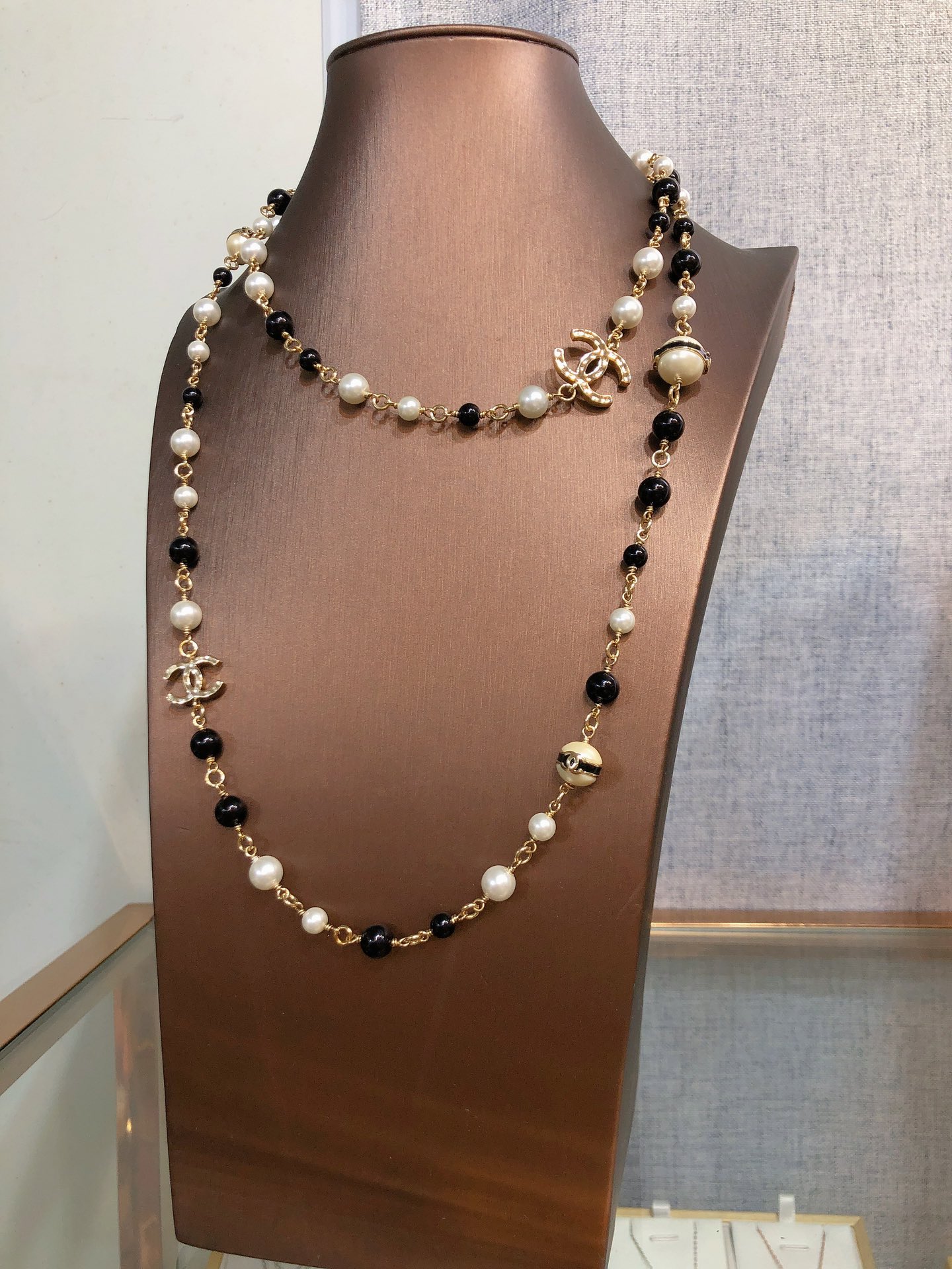 Chanel CC Logo Pearl Bead Long Necklace necklace Gold-tone metal white faux pearl black resin bead 80cm