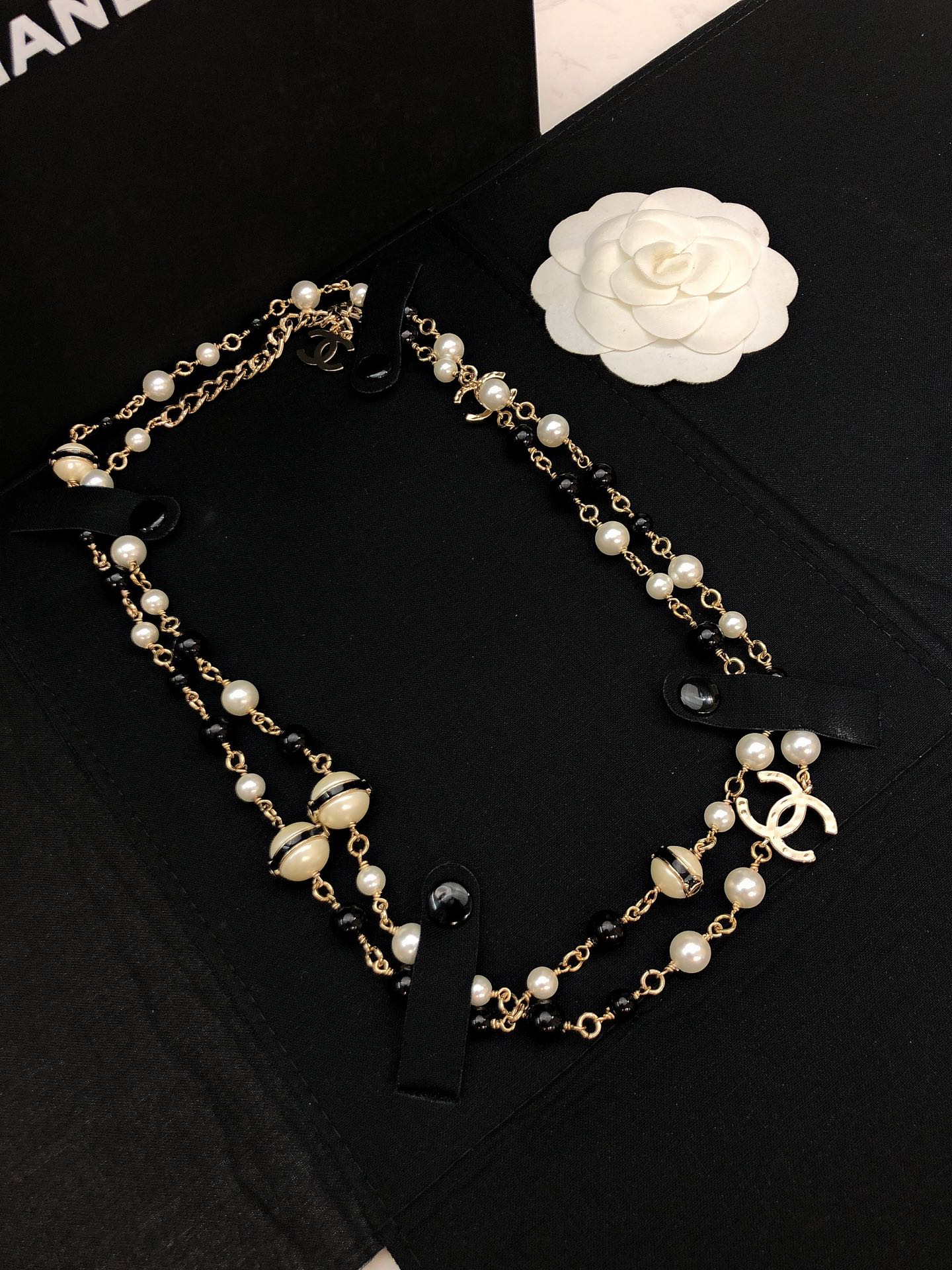 Chanel CC Logo Pearl Bead Long Necklace necklace Gold-tone metal white faux pearl black resin bead 80cm