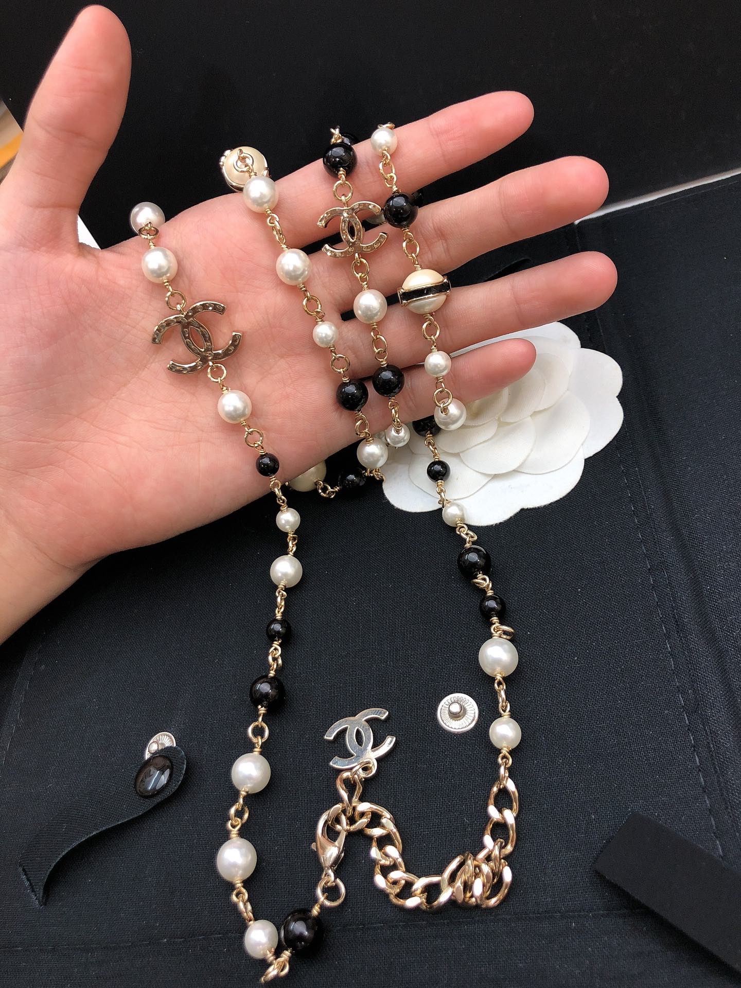 Chanel CC Logo Pearl Bead Long Necklace necklace Gold-tone metal white faux pearl black resin bead 80cm