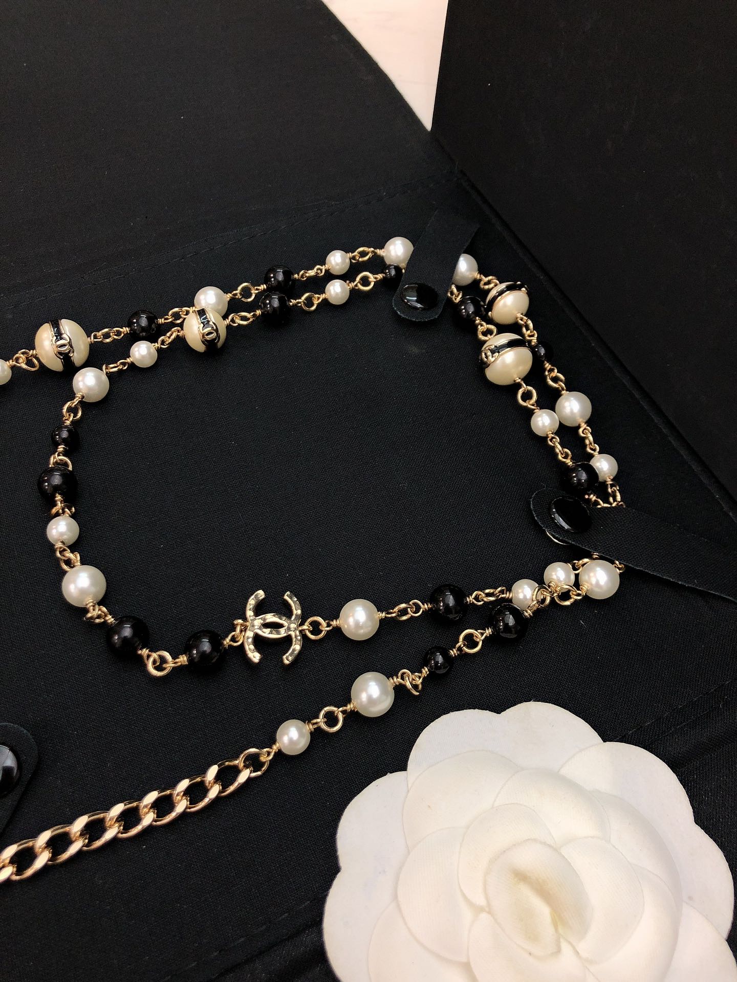 Chanel CC Logo Pearl Bead Long Necklace necklace Gold-tone metal white faux pearl black resin bead 80cm