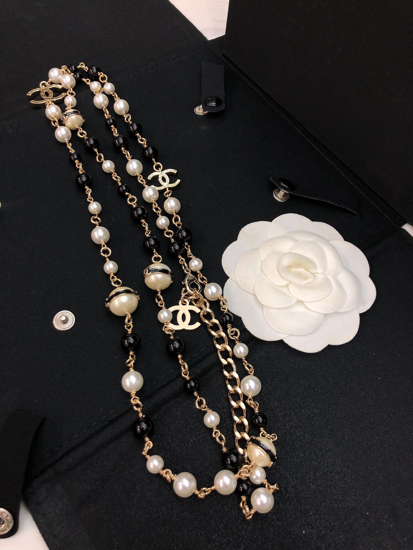 Chanel CC Logo Pearl Bead Long Necklace necklace Gold-tone metal white faux pearl black resin bead 80cm