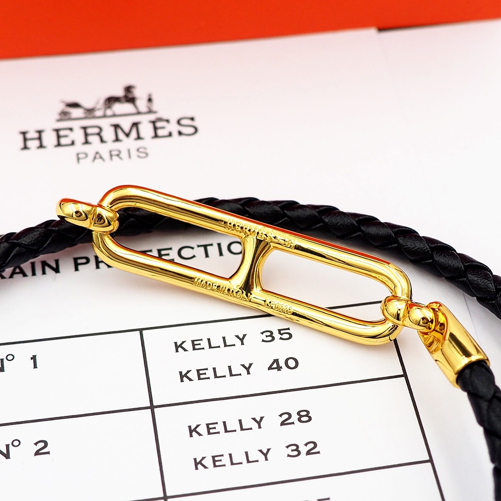 Bracciale Hermes Roulis in pelle intrecciata nera con hardware in metallo placcato oro 40 cm doppio giro