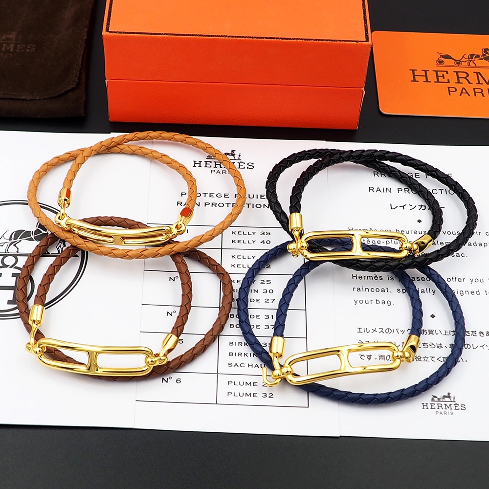 Bracciale Hermes Roulis in pelle intrecciata nera con hardware in metallo placcato oro 40 cm doppio giro