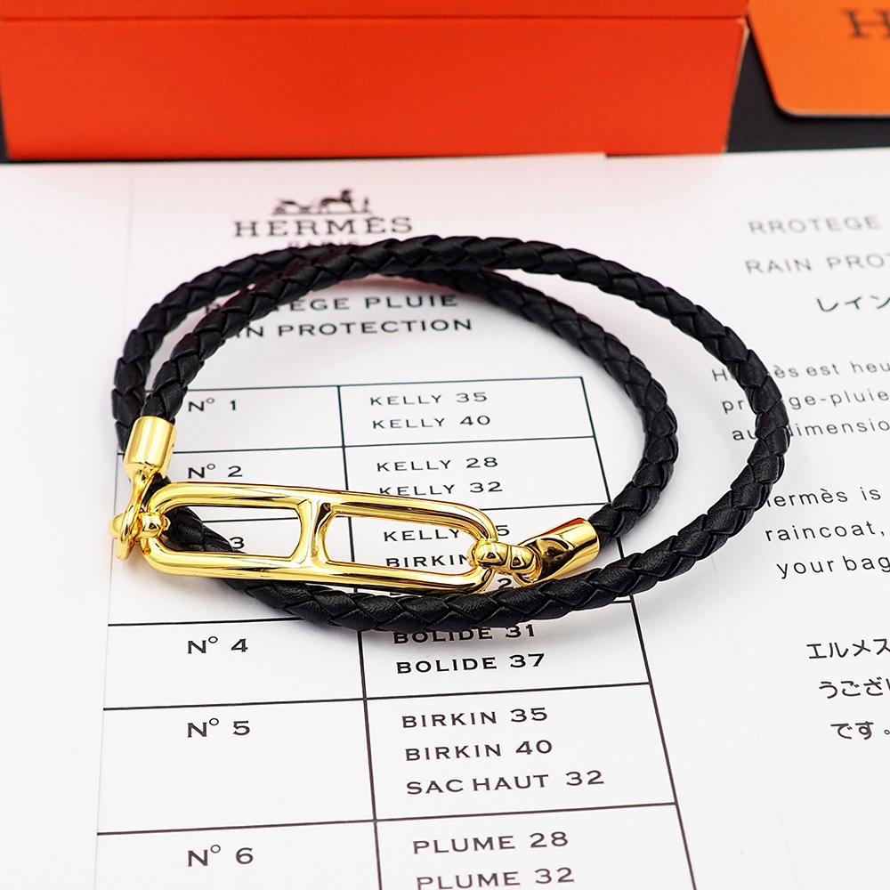 Bracciale Hermes Roulis in pelle intrecciata nera con hardware in metallo placcato oro 40 cm doppio giro