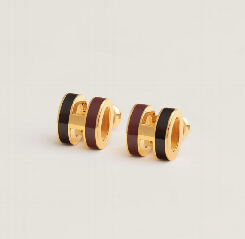 Boucles d'oreilles Hermes Mini Pop H Métal doré avec émail rose et vert Métal doré avec émail noir et bordeaux Métal doré rose avec émail terre cuite et blush 1 à 2 cm de diamètre