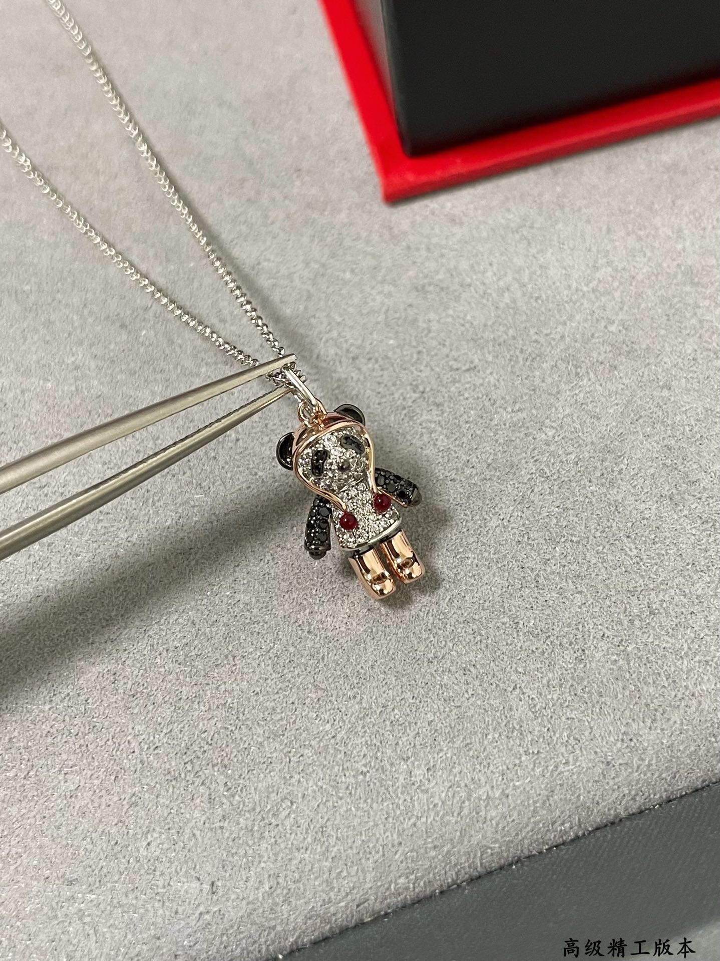 Qeelin V BoBo necklace Silver-toned chain rose gold plated limbs pave set clear diamonds black gemstone panda details red gemstone accents 42cm with 5cm extender