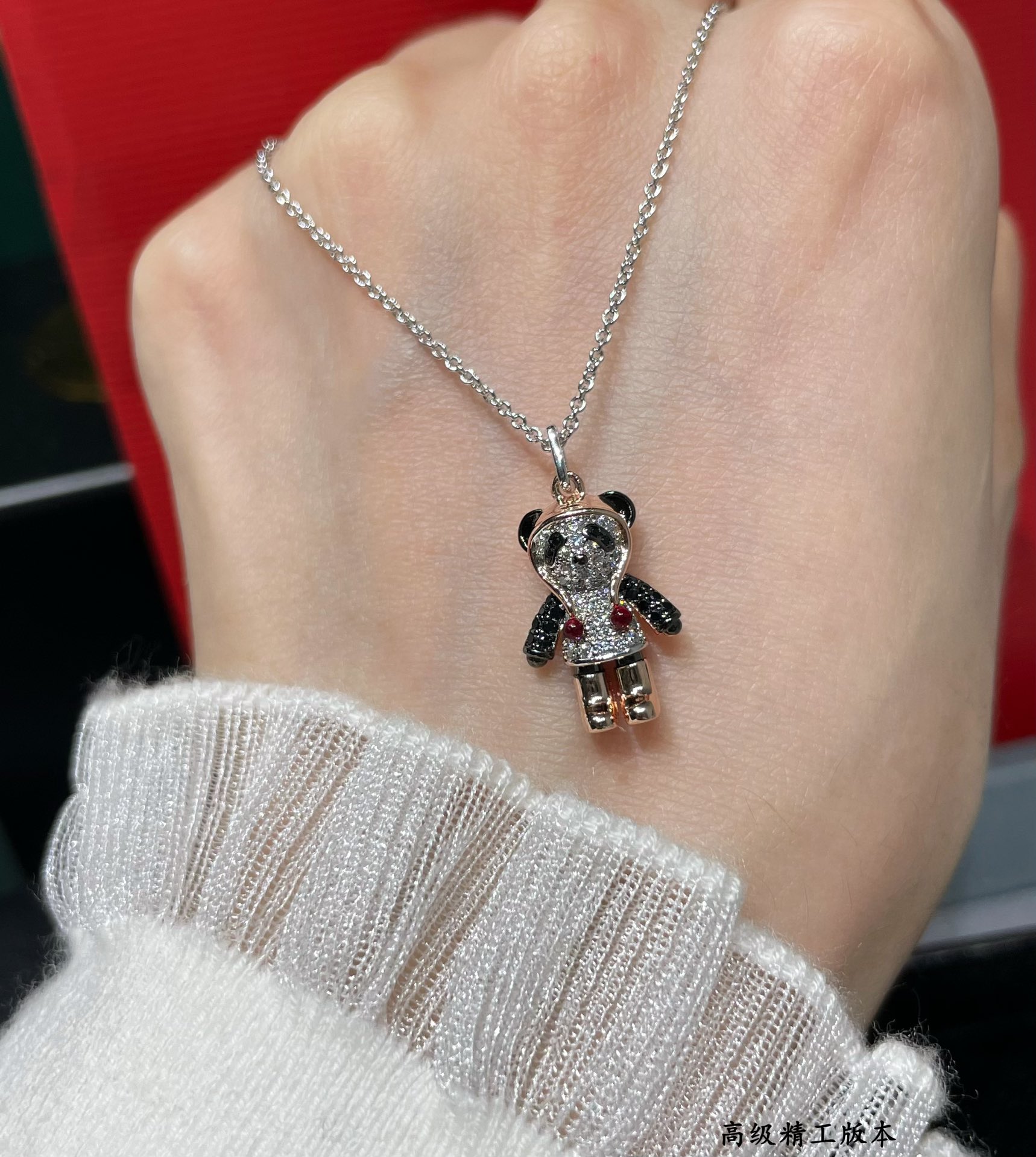 Qeelin V BoBo necklace Silver-toned chain rose gold plated limbs pave set clear diamonds black gemstone panda details red gemstone accents 42cm with 5cm extender