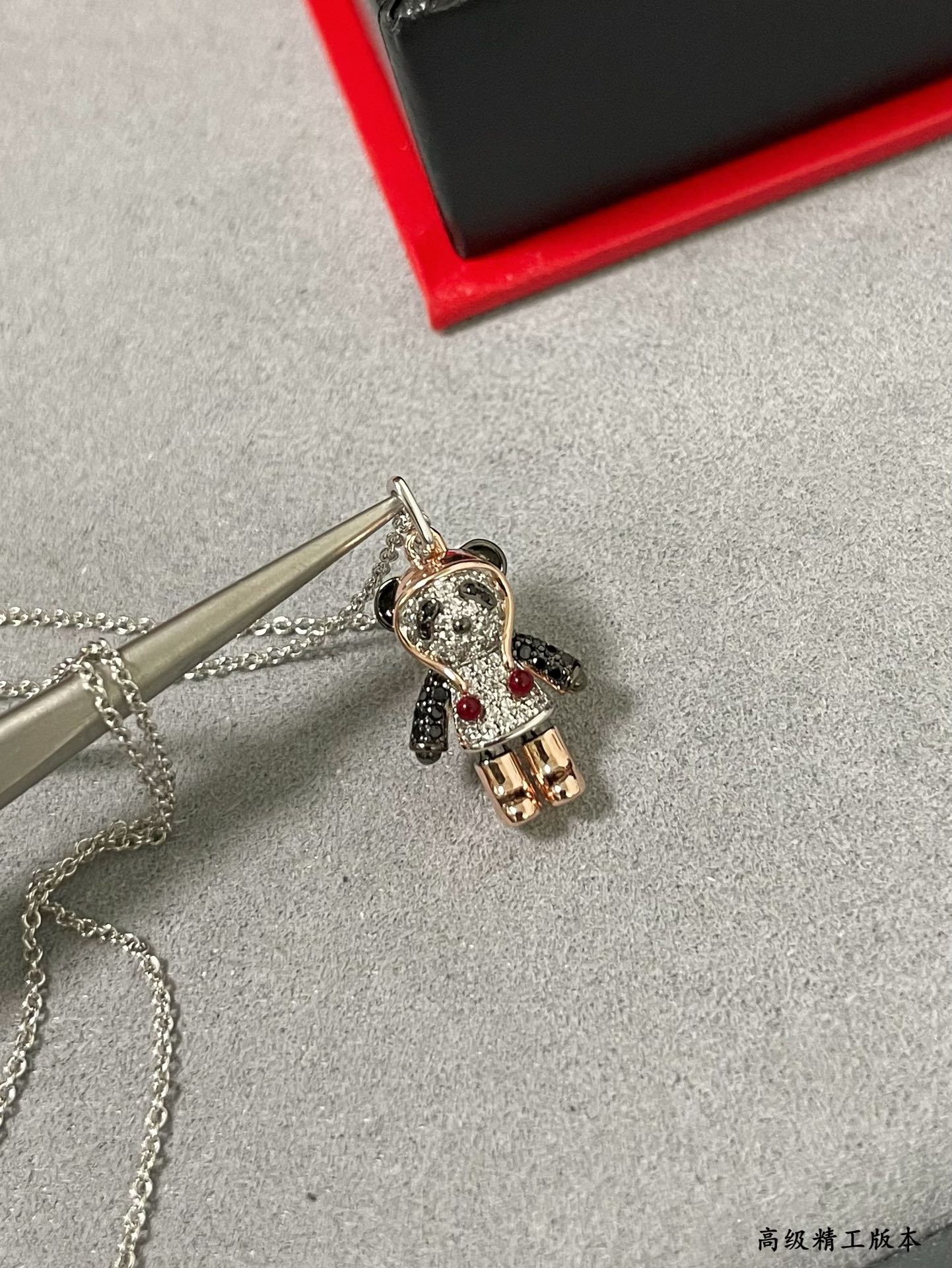 Qeelin V BoBo necklace Silver-toned chain rose gold plated limbs pave set clear diamonds black gemstone panda details red gemstone accents 42cm with 5cm extender