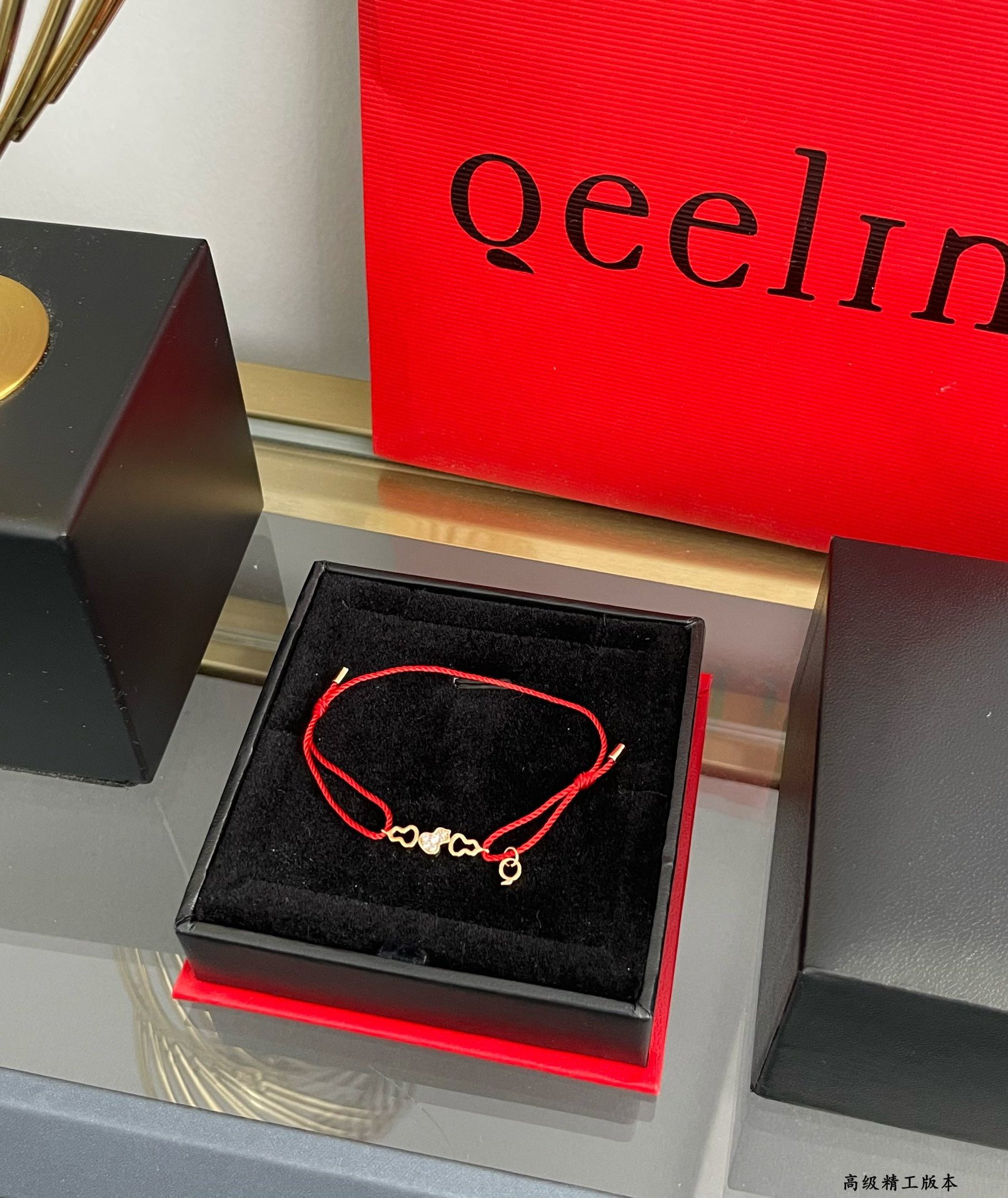 Qeelin Wuluwulu bracelet 18K rose gold red cord clear diamond pave adjustable sliding knot fits 15-19cm wrist