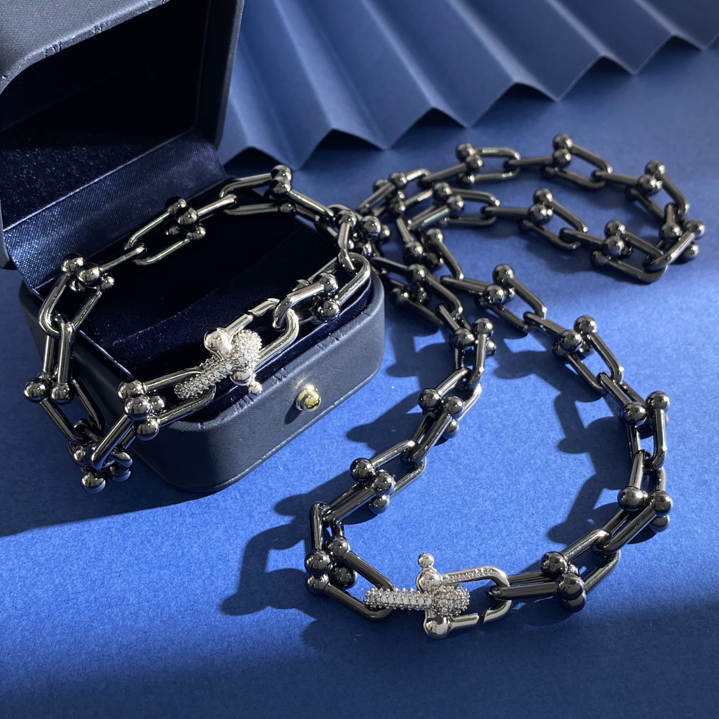 Tiffany Co HardWear bracelet black ruthenium metal silver-toned metal clear pave diamonds 7 5 inches