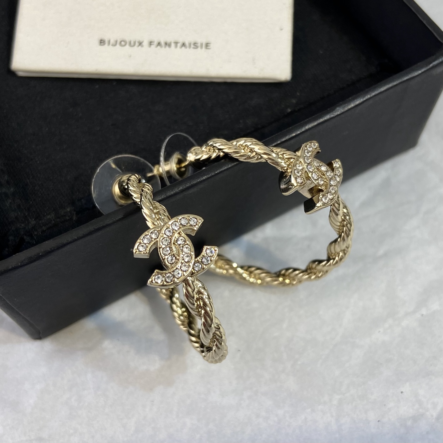 Chanel CC Twisted Rope Crystal Hoop Earrings earrings light gold-tone metal with clear crystal accents 2 5cm hoop diameter