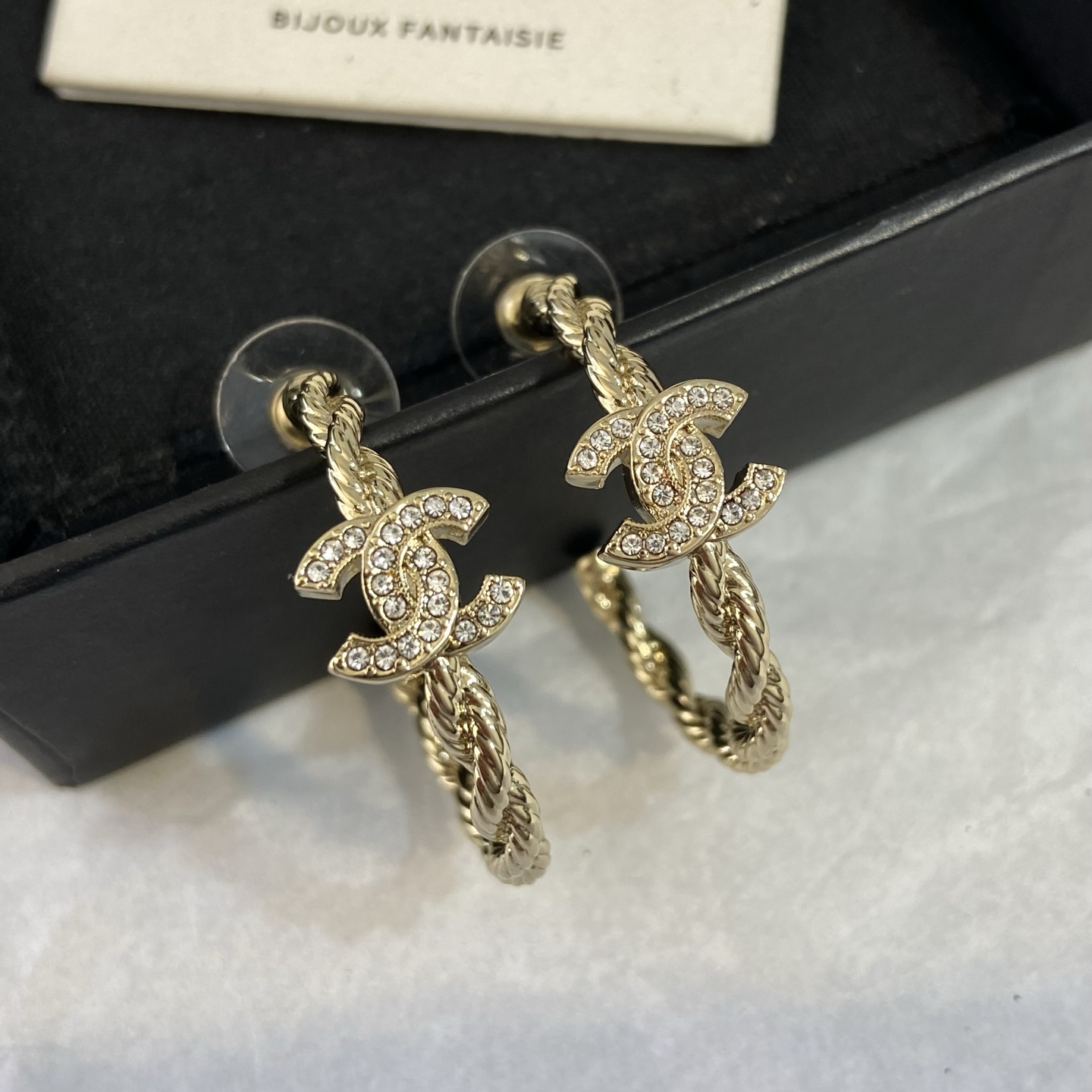 Chanel CC Twisted Rope Crystal Hoop Earrings earrings light gold-tone metal with clear crystal accents 2 5cm hoop diameter