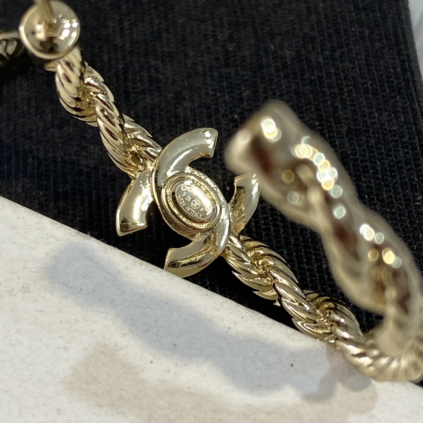 Chanel CC Twisted Rope Crystal Hoop Earrings earrings light gold-tone metal with clear crystal accents 2 5cm hoop diameter