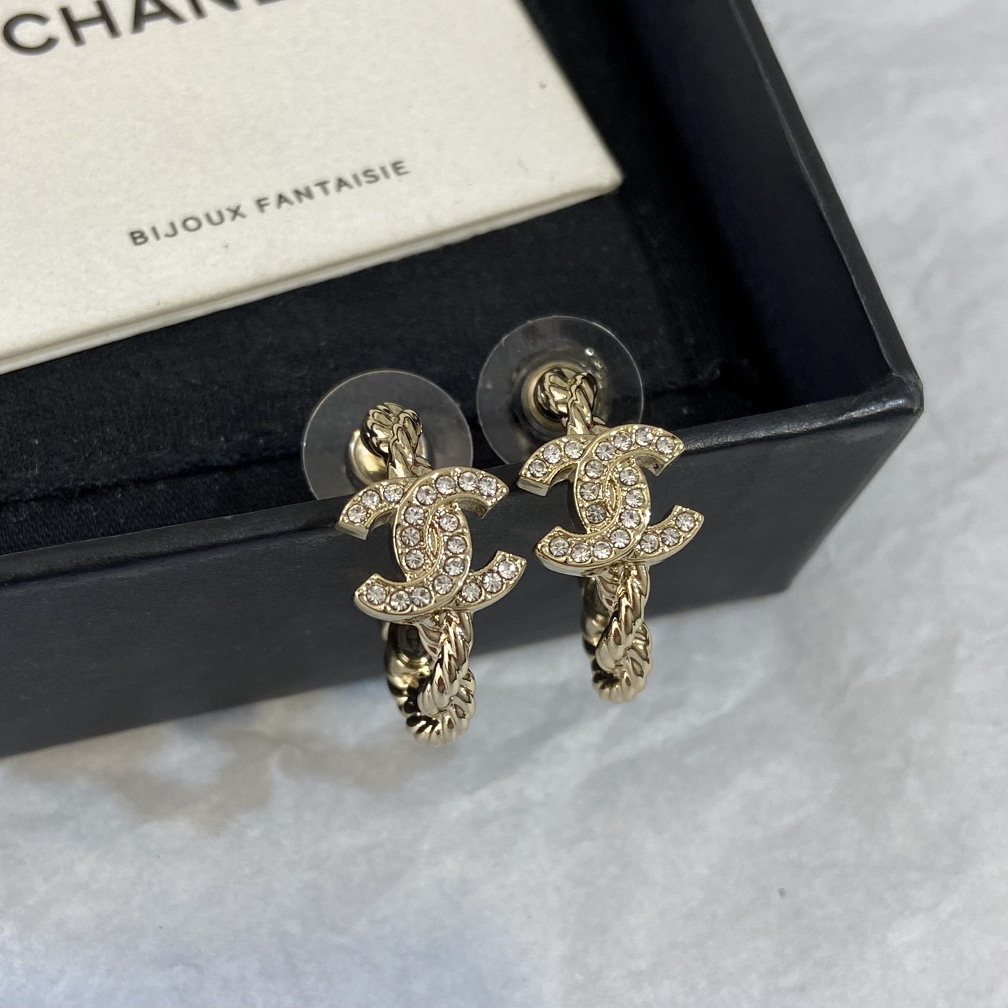 Chanel CC Twisted Rope Crystal Hoop Earrings earrings light gold-tone metal with clear crystal accents 2 5cm hoop diameter