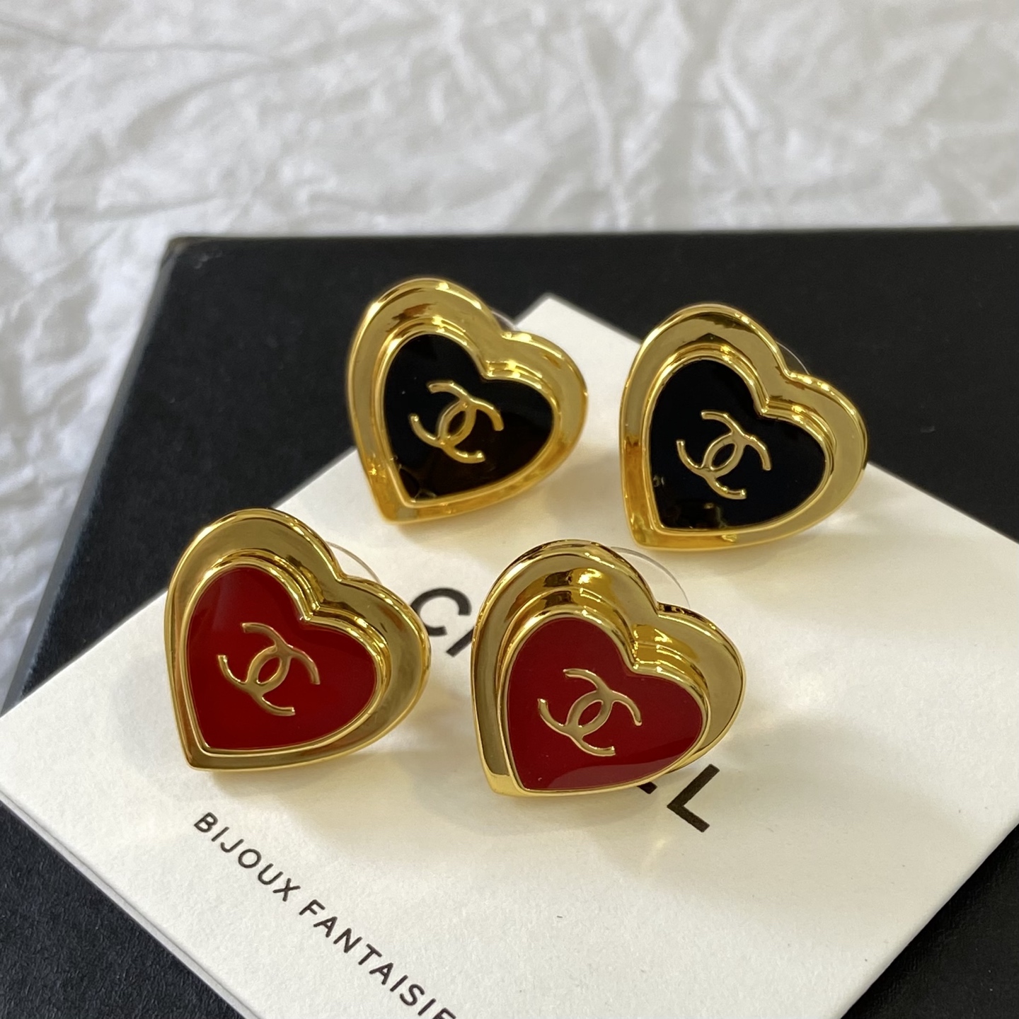 Chanel CC Heart Stud Earrings earrings gold-tone metal with red enamel and black enamel 1 5cm diameter