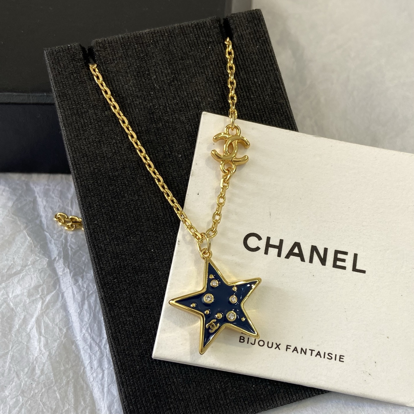 Chanel CC Star Pendant Necklace necklace Gold-tone metal navy blue enamel clear crystal accents 42cm with 5cm extender