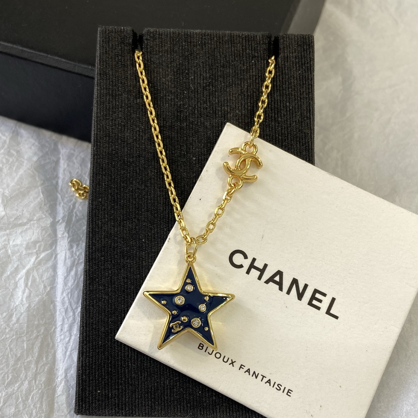 Chanel CC Star Pendant Necklace necklace Gold-tone metal navy blue enamel clear crystal accents 42cm with 5cm extender
