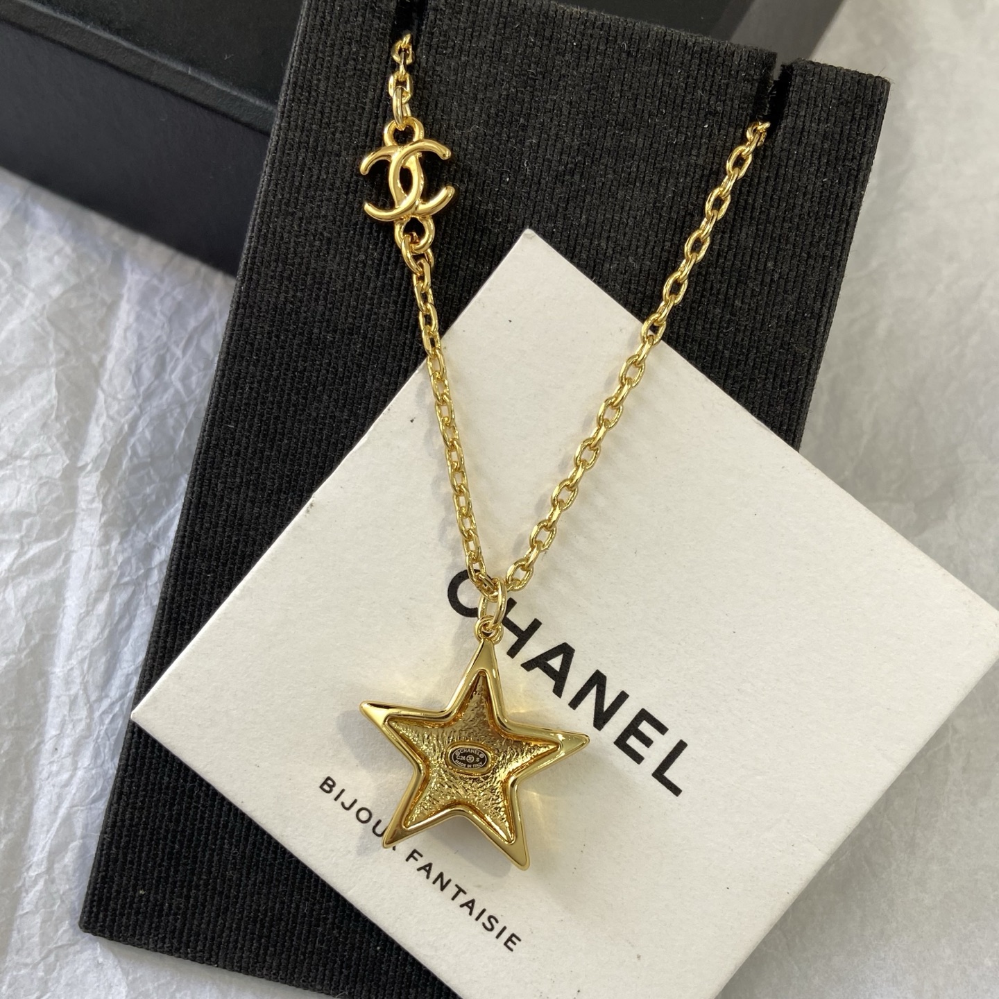 Chanel CC Star Pendant Necklace necklace Gold-tone metal navy blue enamel clear crystal accents 42cm with 5cm extender
