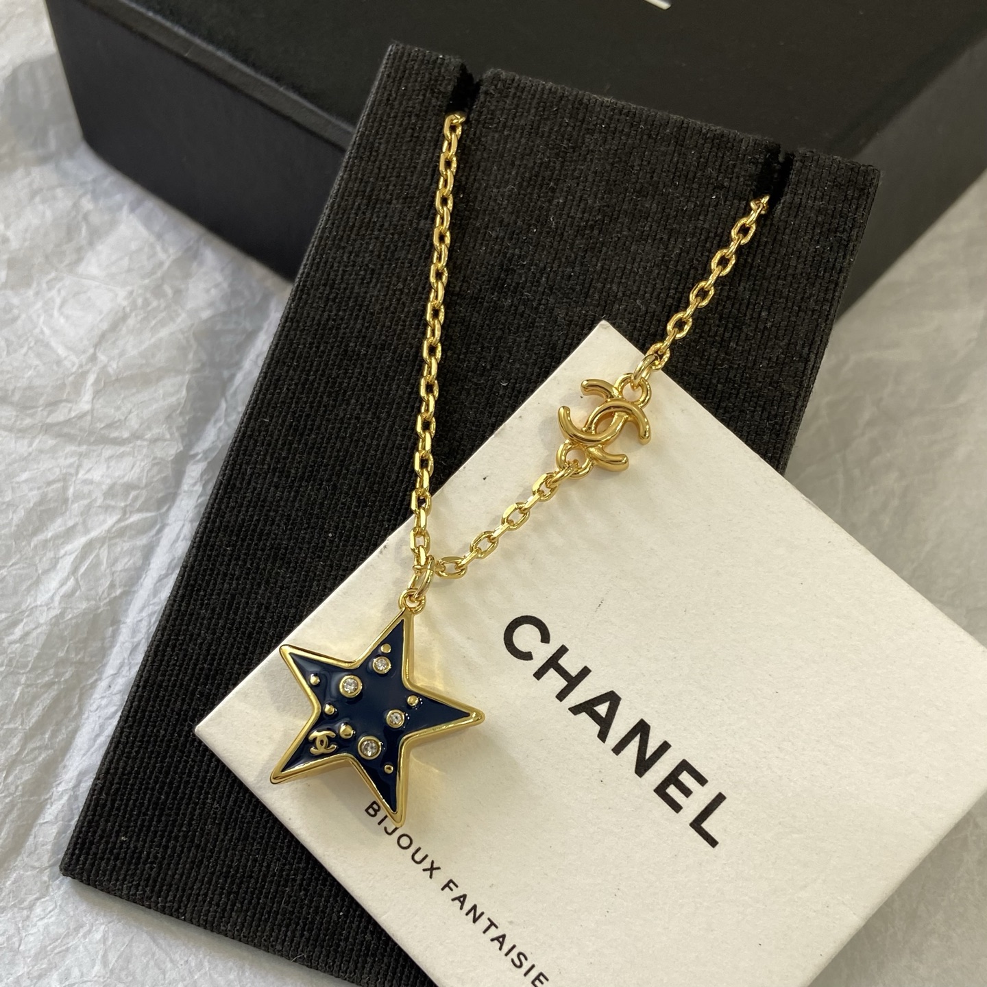 Chanel CC Star Pendant Necklace necklace Gold-tone metal navy blue enamel clear crystal accents 42cm with 5cm extender