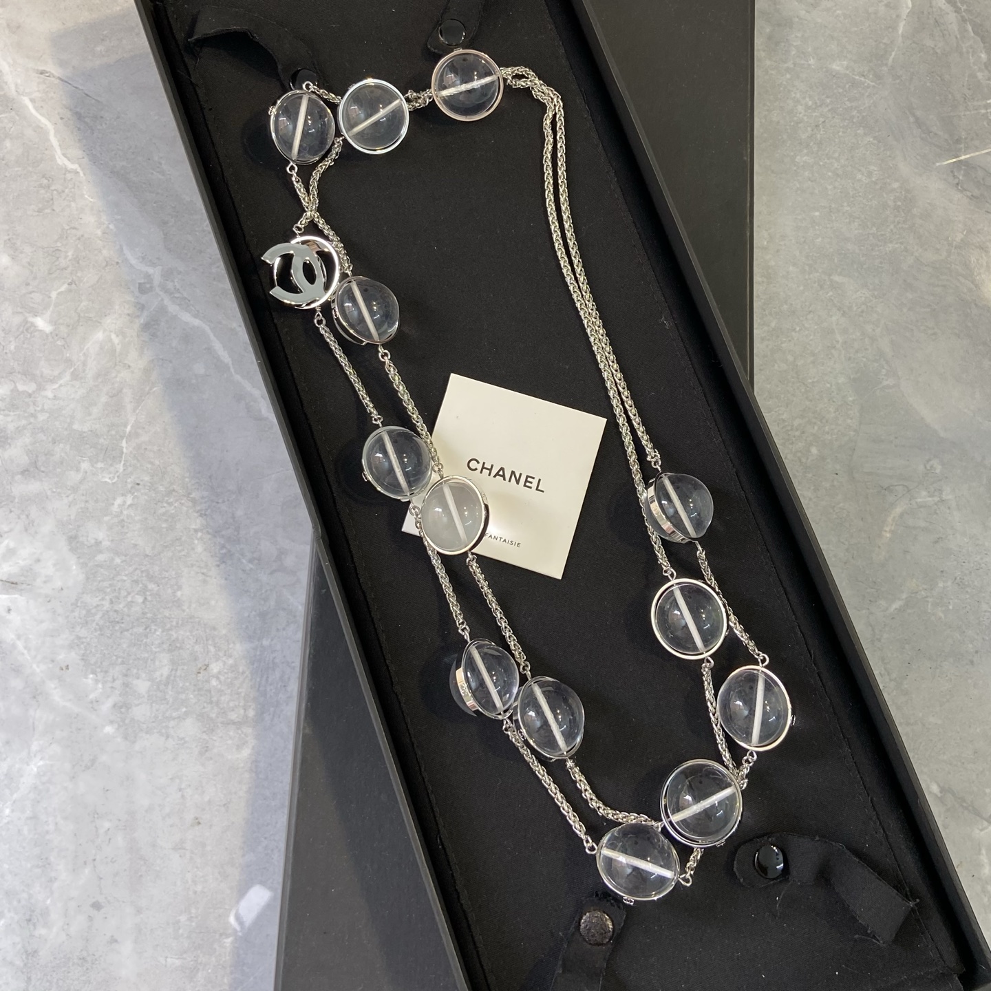 Chanel CC Logo Transparent Resin Sphere Long Necklace necklace Silver-tone metal clear transparent resin 80cm
