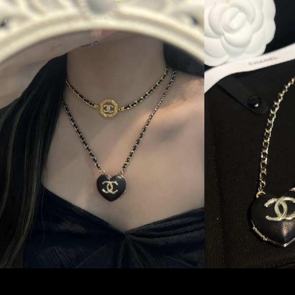 Chanel CC Heart Locket necklace light gold metal black leather 60cm
