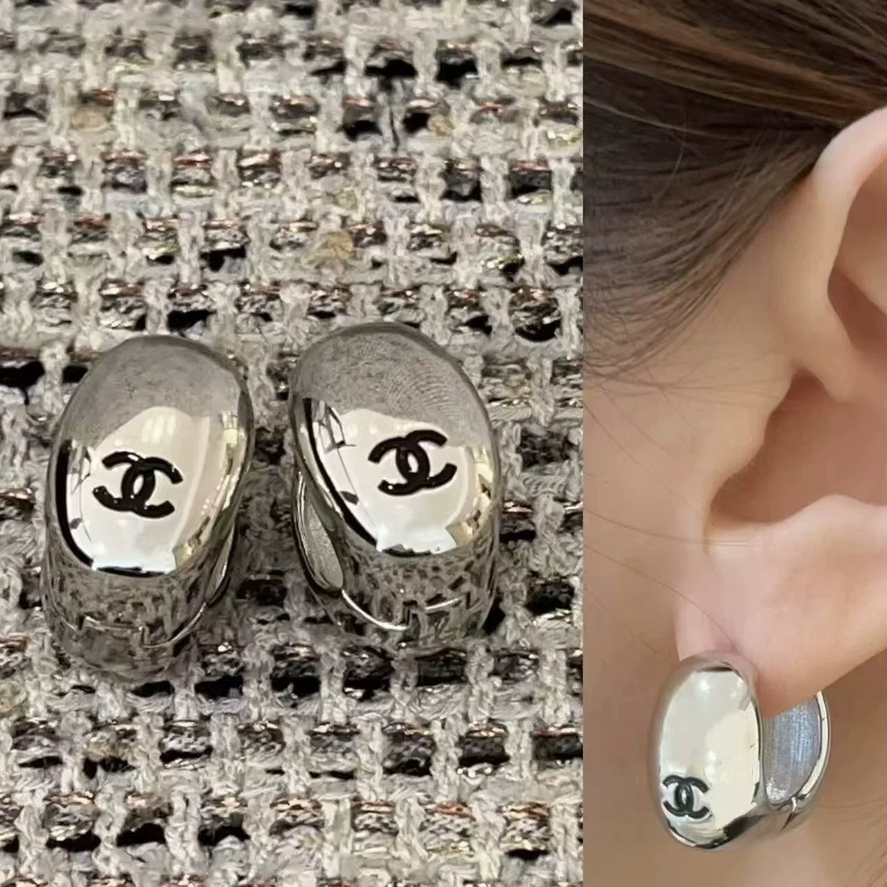 Chanel CC Logo Dome Clip-On Earrings earrings Polished gold-tone metal with black enamel CC logo One Size