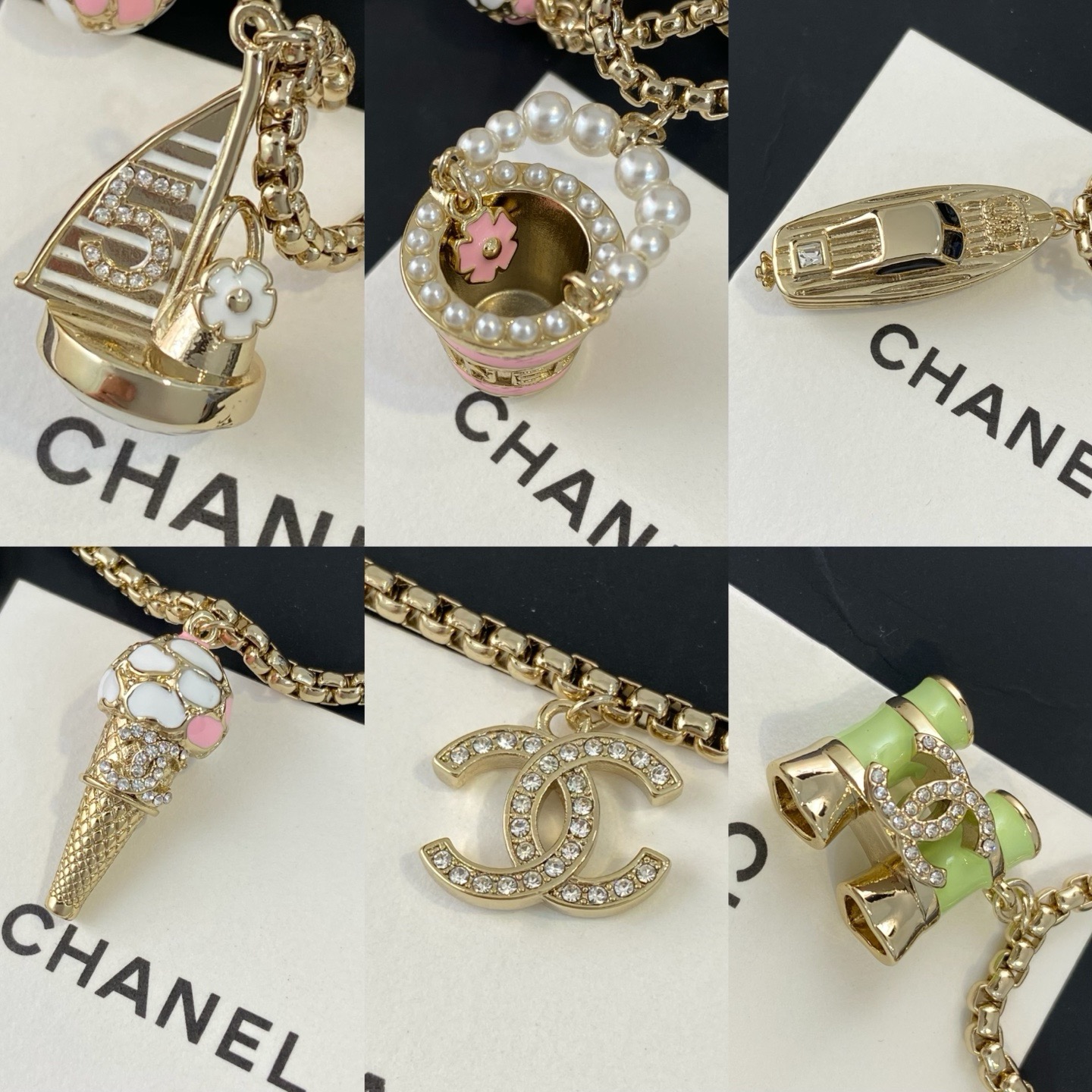 Chanel CC Logo Beach Vacation Charms Collection necklace Gold-tone metal with white faux pearls pink enamel light green enamel clear crystal accents and cream pearl cabochon 42cm with 5cm extender chain