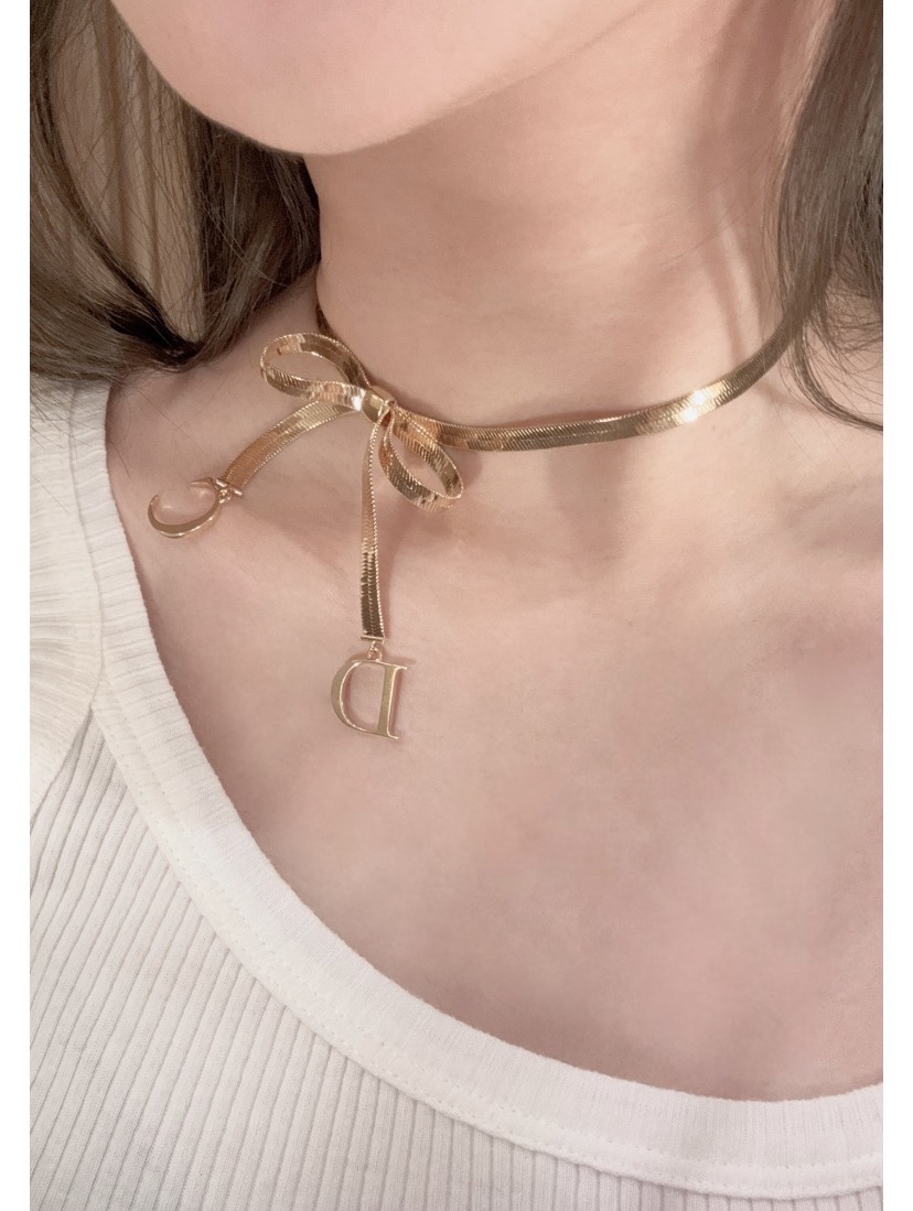 Dior Bow CD Charm Snake Chain necklace gold-tone metal 42cm with 5cm extender