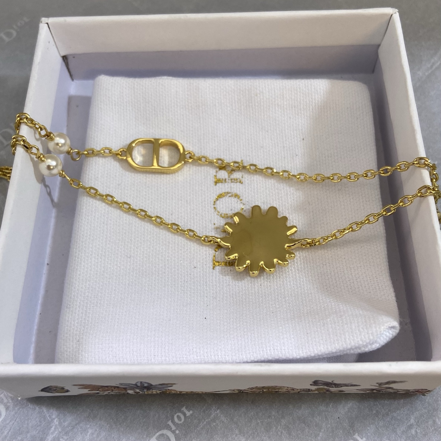 Dior Daisy CD Logo Double Chain Bracelet bracelet Gold-tone metal white faux pearls clear crystal accents 18cm with 3cm extender