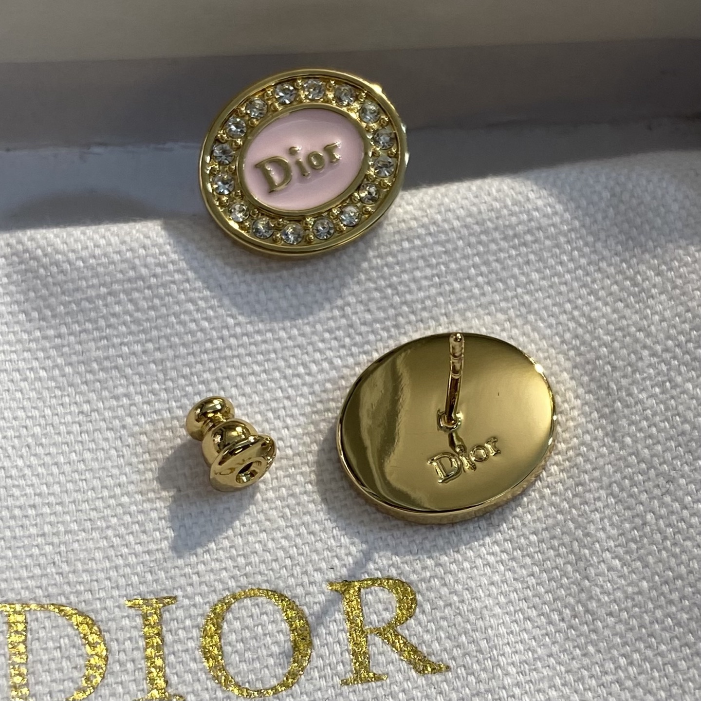 Dior Dior Logo Oval Stud Earrings earrings gold-tone metal light pink enamel clear crystal accents 1 2cm diameter