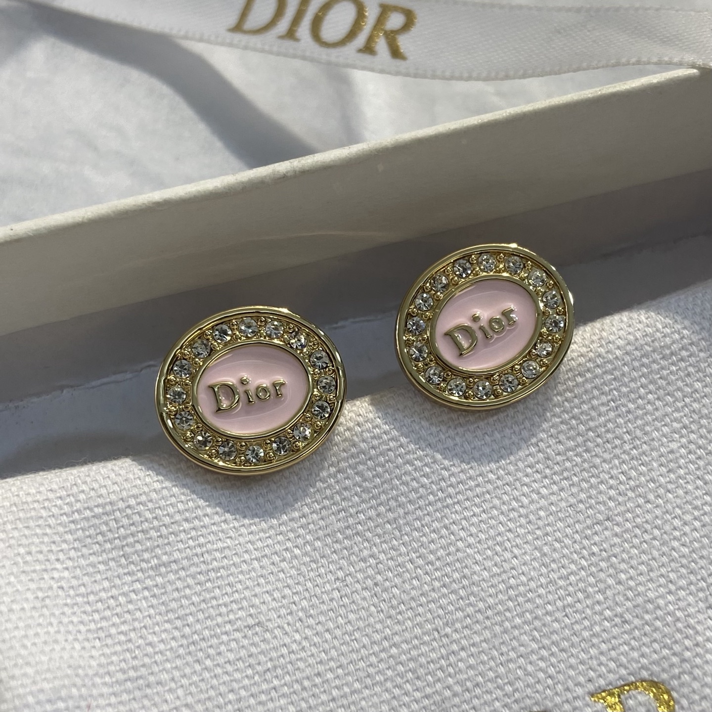 Dior Dior Logo Oval Stud Earrings earrings gold-tone metal light pink enamel clear crystal accents 1 2cm diameter